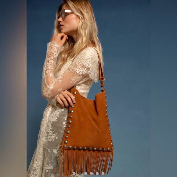 Free People Catilina Crossbody Bag Fringe Studs Adjustable Strap Caramel - Picture 2 of 9